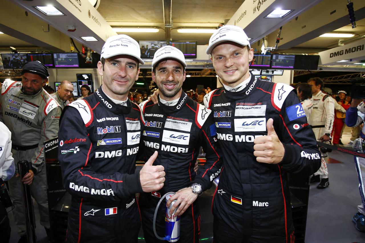 Porsche Team: (l-r) Romain Dumas, Neel Jani, Marc Lieb